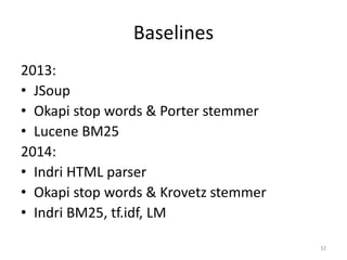 Baselines
2013:
• JSoup
• Okapi stop words & Porter stemmer
• Lucene BM25
2014:
• Indri HTML parser
• Okapi stop words & Krovetz stemmer
• Indri BM25, tf.idf, LM
32
 
