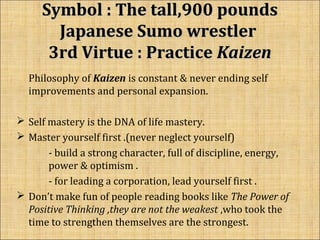 Symbol : The tall,900 poundsSymbol : The tall,900 pounds
Japanese Sumo wrestlerJapanese Sumo wrestler
3rd Virtue : Practic...