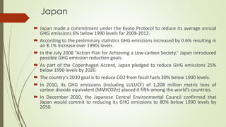 Japan
 Japan made a commitment under the Kyoto Protocol to reduce its average annual
GHG emissions 6% below 1990 levels for 2008-2012.
 According to the preliminary statistics GHG emissions increased by 0.6% resulting in
an 8.1% increase over 1990s levels.
 In the July 2008 “Action Plan for Achieving a Low-carbon Society,” Japan introduced
possible GHG emission reduction goals.
 As part of the Copenhagen Accord, Japan pledged to reduce GHG emissions 25%
below 1990 levels by 2020.
 The country’s 2030 goal is to reduce CO2 from fossil fuels 30% below 1990 levels.
 In 2010, its GHG emissions (including LULUCF) of 1,208 million metric tons of
carbon dioxide equivalent (MMtCO2e) placed it fifth among the world’s countries.
 In December 2010, the Japanese Central Environmental Council confirmed that
Japan would commit to reducing its GHG emissions to 80% below 1990 levels by
2050.
 