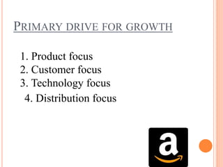 PRIMARY DRIVE FOR GROWTH
1. Product focus
2. Customer focus
3. Technology focus
4. Distribution focus
 