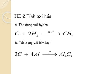 III.2.Tính oxi hóa
a. Tác dụng với hydro
,
2 42
o
xt t
C H CH 
b. Tác dụng với kim loại
4 33 4
o
t
C Al Al C 
 