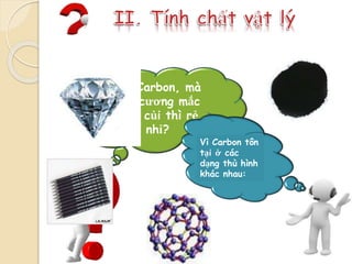 Cũng là Carbon, mà
sao kim cương mắc
mà than củi thì rẻ
thế nhỉ?
Vì Carbon tôn
tại ở các
dạng thù hình
khác nhau:
 
