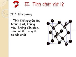 II. 1: kim cương
- Tinh thể nguyên tử,
trong suốt, không
màu, không dẫn điện,
cứng nhất trong tất
cả các chất
 