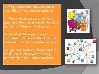  First, we enter the address or
the URL of the desired website .
 The browser selects the web
page and the server sends the data
using the Internet Protocols.
 The Web browser in your
computer interprets the data and
displays it on our computer screen.
Hyperlink feature allows files to
be linked so that we can easily
access them by clicking on them.
 