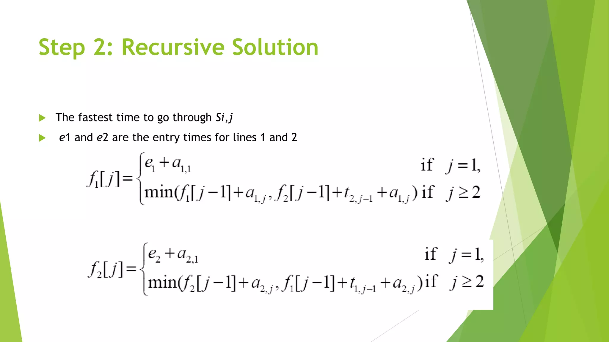 Step 2: Recursive Solution
 The fastest time to go through Si,j
 e1 and e2 are the entry times for lines 1 and 2
 