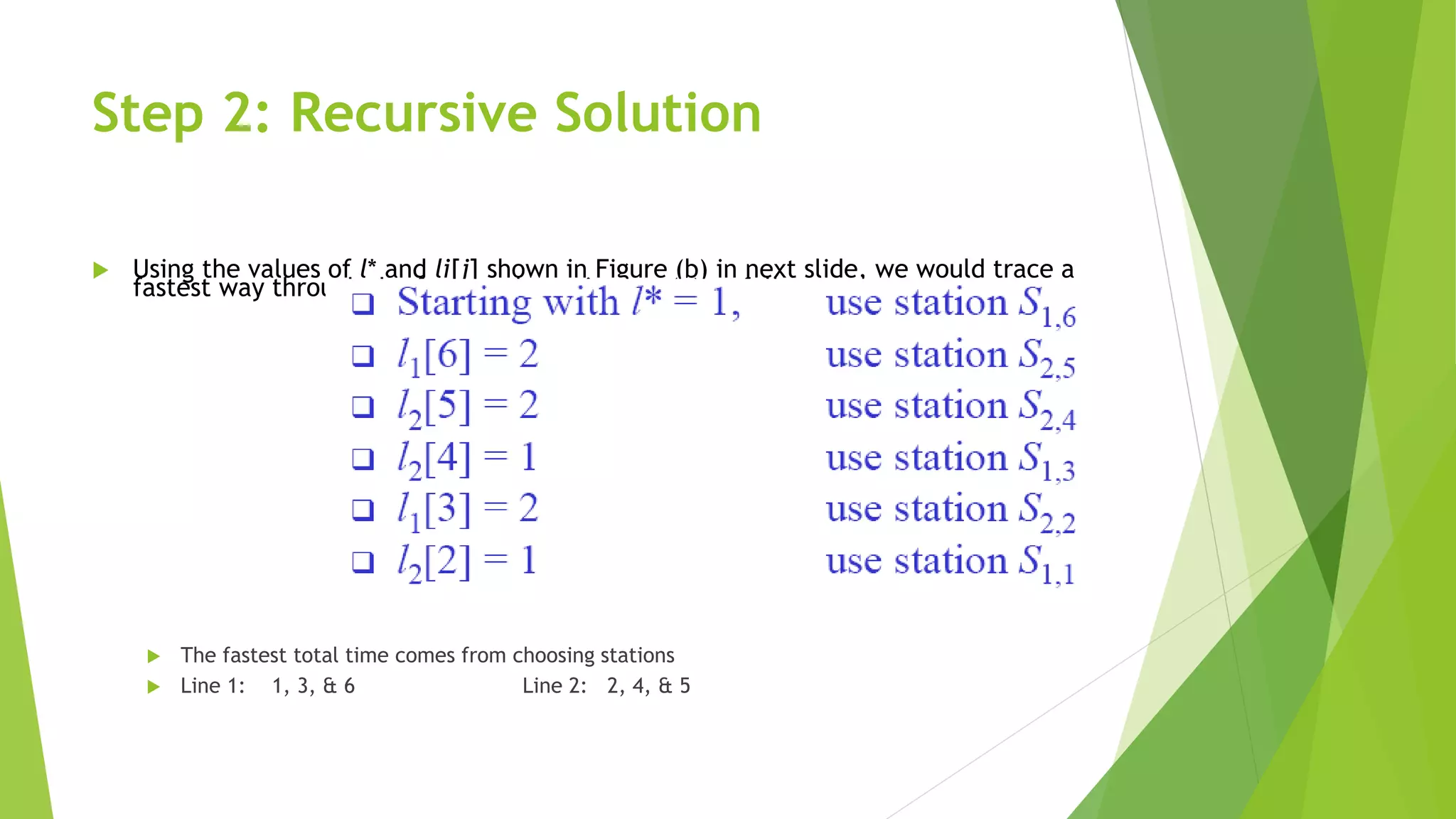 Step 2: Recursive Solution
 Using the values of l* and li[j] shown in Figure (b) in next slide, we would trace a
fastest way through the factory shown in part (a) as follows
 The fastest total time comes from choosing stations
 Line 1: 1, 3, & 6 Line 2: 2, 4, & 5
 