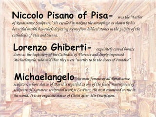 Michaelangelo- the most famous of all Renaissance
sculptors, whose statue of David is regarded as one of the finest masterpieces of
sculpture. His greatest sculptural work is La Pieta, the most renowned statue in
the world. It is an exquisite statue of Christ after His Crucifixion.
Niccolo Pisano of Pisa- was the “Father
of Renaissance Sculpture.” He excelled in making the sarcophage as shown by his
beautiful marble bas-reliefs depicting scenes from biblical stories in the pulpits of the
cathedrals of Pisa and Sienna.
Lorenzo Ghiberti- exquisitely carved bronze
doors at the baptistery of the Cathedral of Florence and deeply impressed
Michaelangelo, who said that they were “worthy to be the doors of Paradise”
 