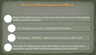 Restrict the physical access to the network media to ensure that a packet
sniffer cannot be installed
Use Encryption to protect confidential information
Permanently Add MAC address of the Gateway to ARP cache
Use static IP Address and Static ARP tables to prevent attacker from
adding the spoofed ARP entries for machines in the network
 