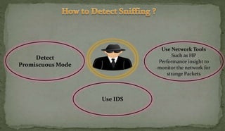 Use Network Tools
Such as HP
Performance insight to
monitor the network for
strange Packets
Use IDS
Detect
Promiscuous Mode
 