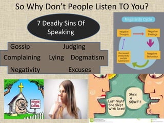 So Why Don’t People Listen TO You?
7 Deadly Sins Of
Speaking
Gossip Judging
Negativity Excuses
Complaining Lying Dogmatism
Last Night
She Slept
With Boss!!
She’s
a
S@#T
!!
Last Night
She Slept
With Boss!!
She’s
A
S@#T !!
 