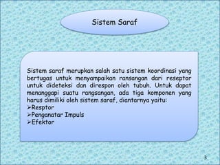 Sistem Saraf
Sistem saraf merupkan salah satu sistem koordinasi yang
bertugas untuk menyampaikan ransangan dari reseptor
untuk dideteksi dan direspon oleh tubuh. Untuk dapat
menanggapi suatu rangsangan, ada tiga komponen yang
harus dimiliki oleh sistem saraf, diantarnya yaitu:
Resptor
Penganatar Impuls
Efektor
3
 