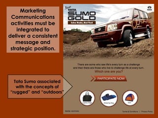 Marketing
Communications
activities must be
integrated to
deliver a consistent
message and
strategic position.
Tata Sumo associated
with the concepts of
“rugged” and “outdoors”
 