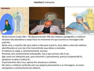 Muito Comum (cada 100 = 70) Representando 70% dos médiuns psicógrafos, o médium
intuitivo não abandona o corpo físico no momento em que escreve as mensagens dos
espíritos.
Neste caso, o espírito não atua sobre a mão para movê-la, atua sobre a alma do médium,
identificando-se com ela e lhe transmitindo suas idéias e vontades.
O médium as capta e, voluntariamente, escreve.
Portanto, tem conhecimento antecipado, mas o que escreve não é seu.
Age como um intérprete que, para transmitir o pensamento, precisa compreendê-lo,
apropriar-se dele e traduzi-lo.
O pensamento não é seu, apenas lhe atravessa o cérebro.
No início, o médium confunde com seu próprio pensamento e as mensagens, às vezes,
extrapolam o conhecimento do médium.
Intuitivo:O intérprete
 