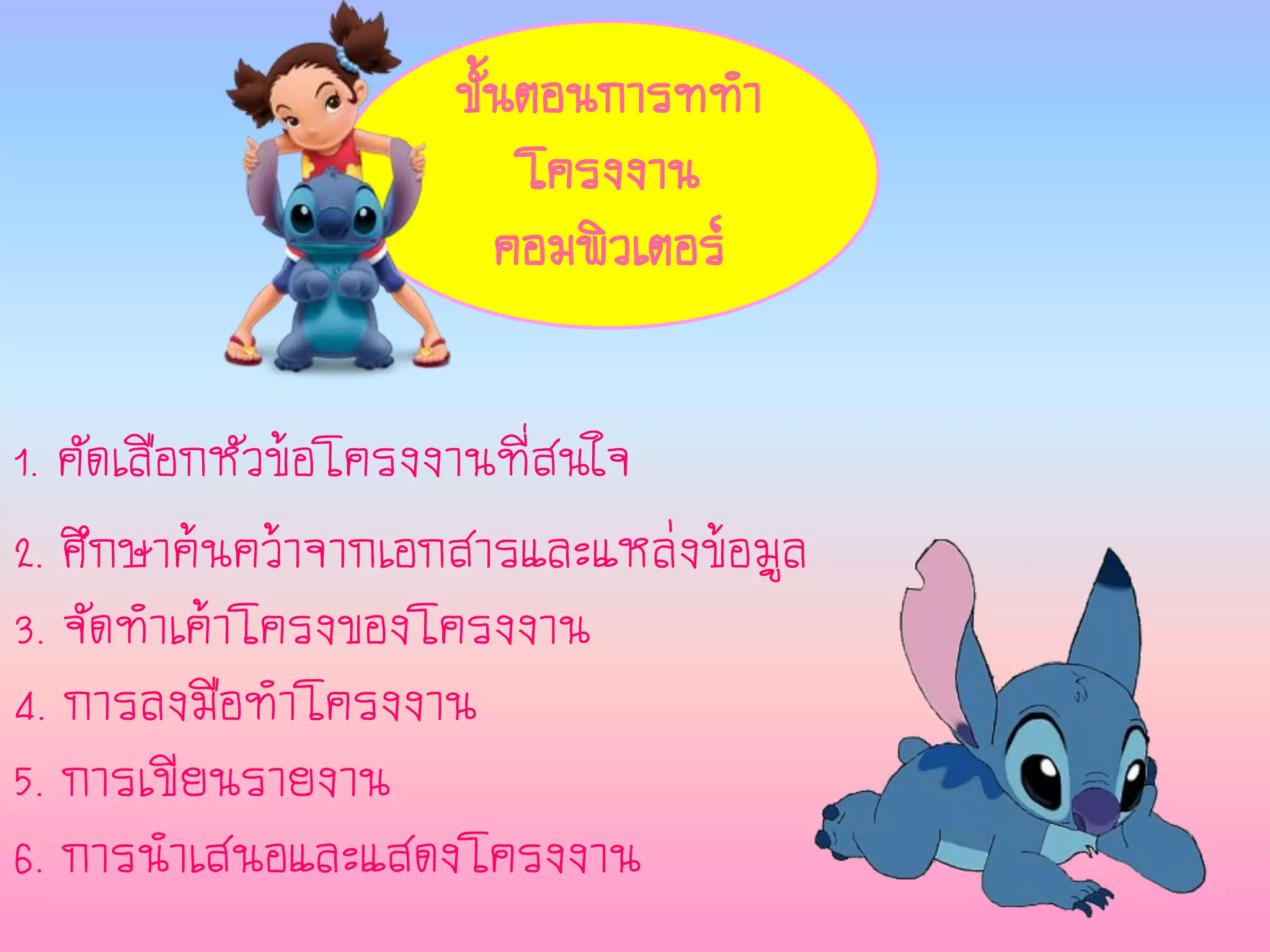 1. คัดเลือกหัวข้อโครงงานที่สนใจ
2. ศึกษาค้นคว้าจากเอกสารและแหล่งข้อมูล
3. จัดทาเค้าโครงของโครงงาน
4. การลงมือทาโครงงาน
5. การเขียนรายงาน
6. การนาเสนอและแสดงโครงงาน
ขั้นตอนการททา
โครงงาน
คอมพิวเตอร์
 