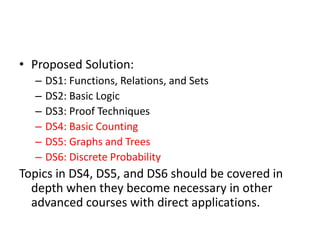 • Proposed Solution:
– DS1: Functions, Relations, and Sets
– DS2: Basic Logic
– DS3: Proof Techniques
– DS4: Basic Counting
– DS5: Graphs and Trees
– DS6: Discrete Probability
Topics in DS4, DS5, and DS6 should be covered in
depth when they become necessary in other
advanced courses with direct applications.
 