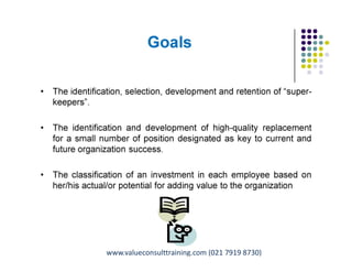 • The identification, selection, development and retention of “super-
keepers”.
• The identification and development of high-quality replacement
for a small number of position designated as key to current and
future organization success.
• The classification of an investment in each employee based on
her/his actual/or potential for adding value to the organization
Goals
Pungki Purnadi & Associates with ValueConsult on Career & Talent Management,
www.pungkipurnadi.com
www.valueconsulttraining.com (021 7919 8730)
 