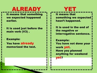  It means that something
we expected happened
earlier.
 It is used just before the
main verb (V3) .
 Example:
 You have already
memorized the test.
 It means that
something we expected
hasn’t happened.
 It is used in the end of
the negative or
interrogative sentence.
 Example:
 You have not done your
work yet.
 Have you planned
anything for weekend
yet?
 