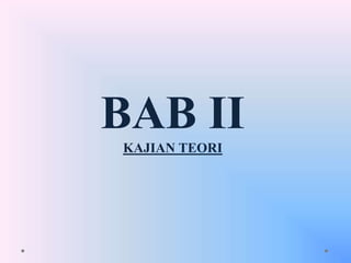 A. Deskripsi Teoritis
• Media Pembelajaran dan Proses Belajar Mengajar
Kata media berasal dari bahasa latin medius yang secara harfiah
beratih tengah, perantara, atau pengantar pesan dari pengirim ke
penerima pesan. Menurut Arief S, DKK (2010:7) media adalah segala
sesuatu yang dapat digunakan untuk menyalurkan pesan dari
pengirim ke penerima sehingga dapat merangsang pikiran,
perhatian, dan minat belajar.
• Peranan Media Dalam Proses Pembelajaran
Dalam sistem pembelajran modern saat ini siswa tidak hanya berperan sebagai
penerima pesan, namun siswa juga bisa bertindak sebagai komunikator atau
penyampai pesan. Dalam kondisi tersebut, maka akan terjadi komunikasi dua
arah (two way traffic communication) bahkan komunikasi banyak (multiway
traffic communication). Proses pembelajaran akan terjadi akan terjadi apabila
komunikasi antara penerima pesan (murid) dengan sumber pesan (guru) lewat
media tersebut. Kedudukan media dalam proses pembelajran adalah sebagai
komponen atau bagian integral pembelajaran. Pentingnya multimedia dalam
memfasilitasi belajar, penyajian disesuaikan dengan tujuan pembelajaran yang
ditetapkan.
BAB II
KAJIAN TEORI
 