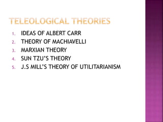 1. IDEAS OF ALBERT CARR
2. THEORY OF MACHIAVELLI
3. MARXIAN THEORY
4. SUN TZU’S THEORY
5. J.S MILL’S THEORY OF UTILITARIANISM
 