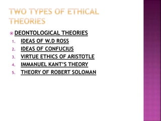  DEONTOLOGICAL THEORIES
1. IDEAS OF W.D ROSS
2. IDEAS OF CONFUCIUS
3. VIRTUE ETHICS OF ARISTOTLE
4. IMMANUEL KANT’S THEORY
5. THEORY OF ROBERT SOLOMAN
 