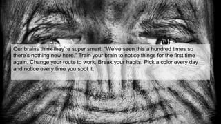 Our brains think they’re super smart. “We’ve seen this a hundred times so
there’s nothing new here.” Train your brain to notice things for the first time
again. Change your route to work. Break your habits. Pick a color every day
and notice every time you spot it.
 