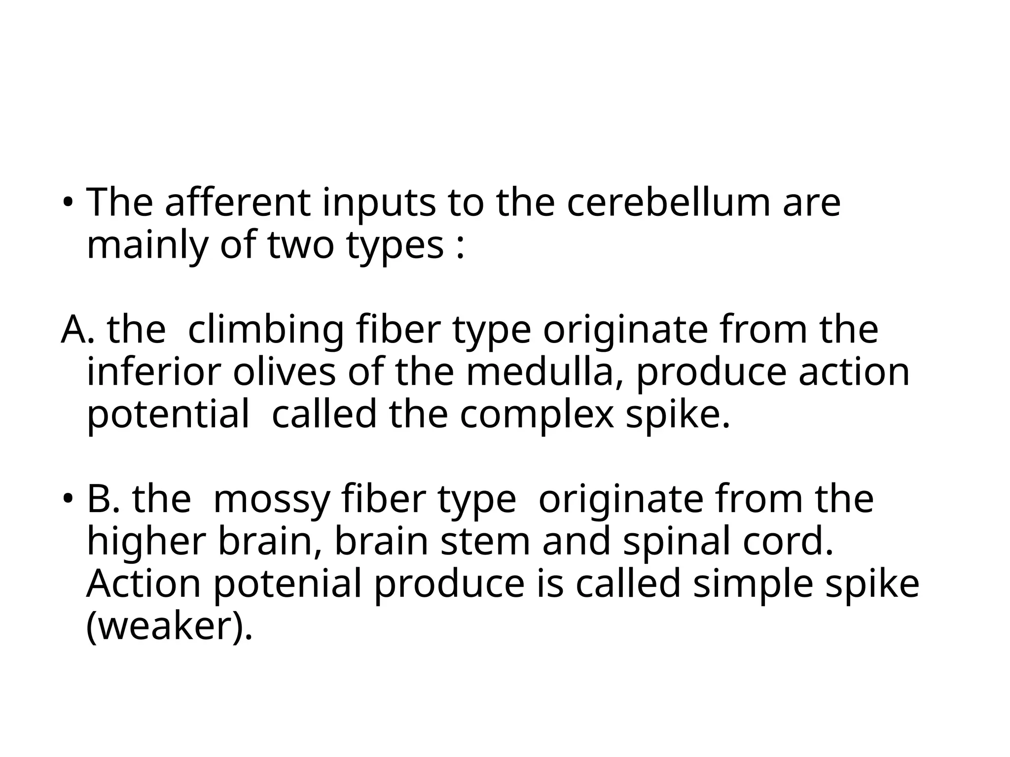 • The afferent inputs to the cerebellum are
mainly of two types :
A. the climbing fiber type originate from the
inferior olives of the medulla, produce action
potential called the complex spike.
• B. the mossy fiber type originate from the
higher brain, brain stem and spinal cord.
Action potenial produce is called simple spike
(weaker).
 
