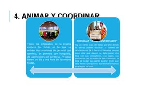 4. ANIMAR Y COORDINAR
Todos los empleados de la enseña
conocen las fechas en las que se
reúnen. Hay reuniones de personal con
gerencia, de gerencia con franquicia,
de supervisores con gerencia… Y todas
tienen un día y una hora de la semana
fijadas.
PROGRAMA “ BECAS UNIVERSIDADES”
Hay un cierto cupo de becas por año donde
los chicos pueden estudiar. El sistema de
reclutamiento de la beca es llamativo porque
quien dice que alguien se debe ganar una
beca son sus compañeros, sus papás, sus
profesores. No le damos la beca nosotros, la
beca se la dan sus padres quienes dicen que
se la merece porque está haciendo el esfuerzo
para lograr tal cosa
 