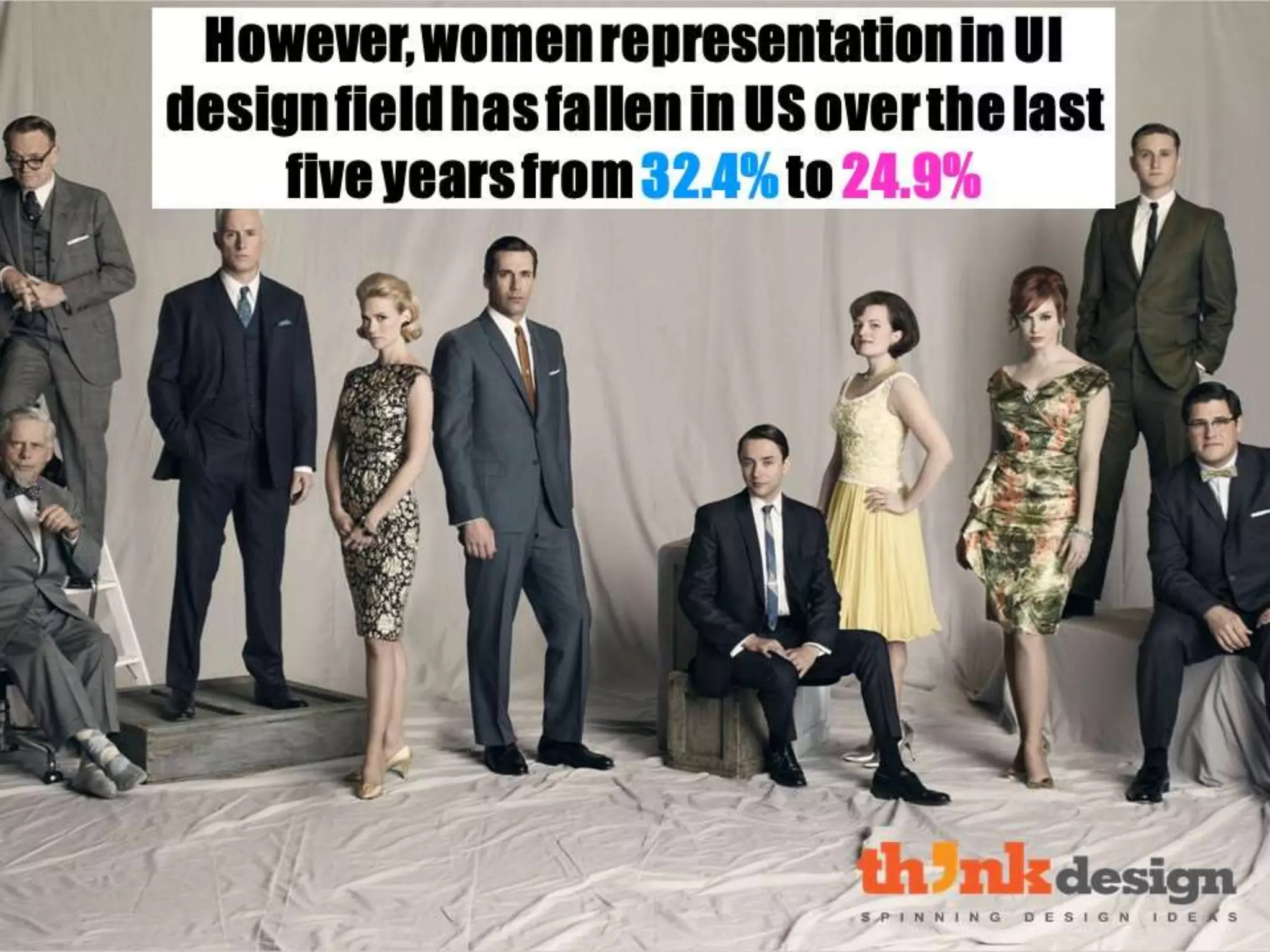 However, women representation in
UI design field has fallen in US over
the last five years from 32.4% to
24.9%.
 