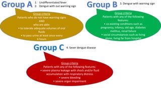 Group criteria
Patients who do not have warning signs
AND
who are able:
• to tolerate adequate volumes of oral
fluids
• to pass urine at least once every
6 hours
Group criteria
Patients with any of the following
features:
• co-existing conditions such as
pregnancy, infancy, old age, diabetes
mellitus, renal failure
• social circumstances such as living
alone, living far from hospital
Group criteria
Patients with any of the following features:
• severe plasma leakage with shock and/or fluid
accumulation with respiratory distress
• severe bleeding
• severe organ impairment
1. Undifferentiated fever
2. Dengue with out warning sign
3. Dengue with warning sign
4. Sever dengue disease
 