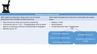 Management of fluid over load
With stable hemodynamic status and is out of critical
phase(more then 24-48hrs of defervescence)
With stable hemodynamic status but is still within the critical
phase
• Stop intravenous fluid and continue monitoring
• In necessary oral or I v 0.1 – 0.5mg/kg/dose once or twice
daily or a continuous infusion of furosemide 0.1mg/kg/hr
• Monitor serum “K”
• Reduce I v fluid
• Avoid diuretics
• Pt with fluid over load + hypotension
HCT
low/normal hematocrit
suspect occult hemorrhage
careful blood transfusion
Elevated hematocrit
Repeated small boluses of
colloid
 