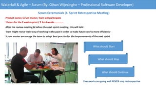 Waterfall & Agile – Scrum (By: Gihan Wijesinghe – Professional Software Developer)
Scrum Ceremonials (4. Sprint Retrospective Meeting)
Product owner, Scrum master, Team will participate
1 hours for the 2 weeks sprint / 2 for 4 weeks……………
After the review meeting & before the next sprint meeting, this will held
Team might revise their way of working in the past in order to make future works more efficiently
Scrum master encourage the team to adopt best practice for the improvements of the next sprint
What should Start
What should Stop
What should Continue
Even works are going well NEVER stop restrospective
 