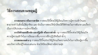 วิธีการสอนตามทฤษฎี
การสอนตรง หรือการสาธิต การสอนวิธีนี้ช่วยให้ผู้เรียนเกิดความรู้ความเข้าใจและ
สามารถทาในสิ่งนั้นได้ถูกต้อง และ ยังเป็นการสอนให้นักเรียนได้ใช้ทักษะในการสังเกต และถือว่า
เป็นการได้ประสบการณ์ตรงวิธีหนึ่ง
การให้ทาแบบฝึกหัด และปฏิบัติ หรือการทาซ้า ๆ การสอนวิธีนี้จะช่วยให้ผู้เรียนเกิด
ความรู้ความเข้าใจในการเรียนมากขึ้น จากการฝึกปฏิบัติหรือทาซ้าๆ
การสอนเกมต่างๆ การสอนวิธีนี้จะช่วยให้ผู้เรียนเกิดความสนใจในการเรียนรู้มากขึ้น
และเกิดการเรียนรู้ในขณะเล่นเกม ช่วยให้เรียนได้อย่างมีความสุข
 