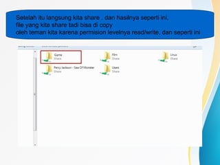 Setelah itu langsung kita share . dan hasilnya seperti ini,
file yang kita share tadi bisa di copy
oleh teman kita karena permision levelnya read/write. dan seperti ini
 