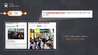 현황
지하철
인원분배 서비스
2
 특히 시민들의 불만이 집중되는
출퇴근 시간의 지옥철
 