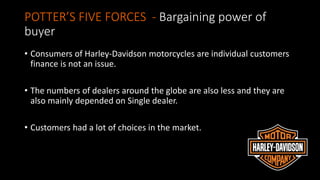 POTTER’S FIVE FORCES - Bargaining power of
buyer
• Consumers of Harley-Davidson motorcycles are individual customers
finance is not an issue.
• The numbers of dealers around the globe are also less and they are
also mainly depended on Single dealer.
• Customers had a lot of choices in the market.
 