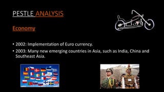 PESTLE ANALYSIS
Economy
• 2002: Implementation of Euro currency.
• 2003: Many new emerging countries in Asia, such as India, China and
Southeast Asia.
 