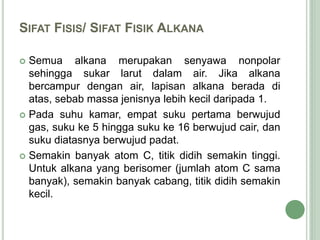 SIFAT FISIS/ SIFAT FISIK ALKANA
 Semua alkana merupakan senyawa nonpolar
sehingga sukar larut dalam air. Jika alkana
bercampur dengan air, lapisan alkana berada di
atas, sebab massa jenisnya lebih kecil daripada 1.
 Pada suhu kamar, empat suku pertama berwujud
gas, suku ke 5 hingga suku ke 16 berwujud cair, dan
suku diatasnya berwujud padat.
 Semakin banyak atom C, titik didih semakin tinggi.
Untuk alkana yang berisomer (jumlah atom C sama
banyak), semakin banyak cabang, titik didih semakin
kecil.
 