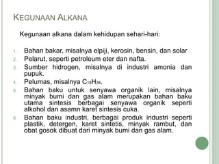 KEGUNAAN ALKANA
Kegunaan alkana dalam kehidupan sehari-hari:
1. Bahan bakar, misalnya elpiji, kerosin, bensin, dan solar
2. Pelarut, seperti petroleum eter dan nafta.
3. Sumber hidrogen, misalnya di industri amonia dan
pupuk.
4. Pelumas, misalnya C18H38.
5. Bahan baku untuk senyawa organik lain, misalnya
minyak bumi dan gas alam merupakan bahan baku
utama sintesis berbagai senyawa organik seperti
alkohol dan asamn karet sintesis cuka.
6. Bahan baku industri, berbagai produk industri seperti
plastik, detergen, karet sintetis, minyak rambut, dan
obat gosok dibuat dari minyak bumi dan gas alam.
 