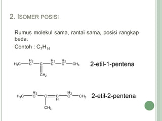 2. ISOMER POSISI
Rumus molekul sama, rantai sama, posisi rangkap
beda.
Contoh : C7H14
H3C
H2
C C
H2
C
H2
C CH3
CH2
H3C
H2
C C C
H
H2
C CH3
CH3
2-etil-1-pentena
2-etil-2-pentena
 