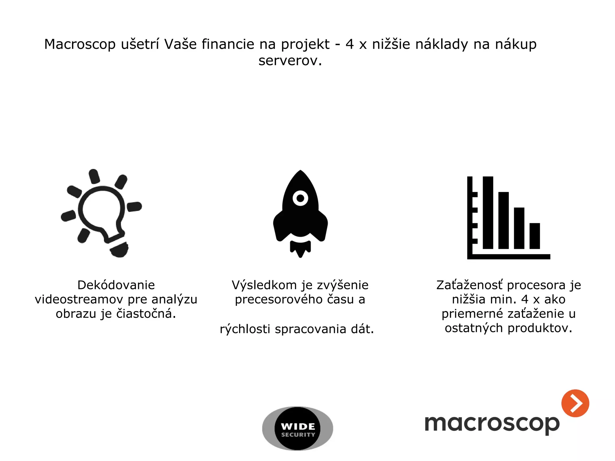 Dekódovanie
videostreamov pre analýzu
obrazu je čiastočná.
Výsledkom je zvýšenie
precesorového času a
rýchlosti spracovania dát.
Zaťaženosť procesora je
nižšia min. 4 x ako
priemerné zaťaženie u
ostatných produktov.
Macroscop ušetrí Vaše financie na projekt - 4 x nižšie náklady na nákup
serverov.
 