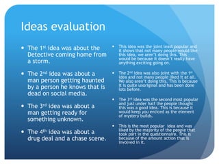 Ideas evaluation
 This idea was the joint least popular and
it shows that not many people would like
this idea, we aren’t doing this. This
would be because it doesn’t really have
anything exciting going on.
 The 2nd idea was also joint with the 1st
idea and not many people liked it at all.
We also aren’t doing this. This is because
it is quite unoriginal and has been done
lots before.
 The 3rd idea was the second most popular
and just under half the people thought
this was a good idea. This is because it
would keep you enticed as the element
of mystery builds.
 This is the most popular idea and was
liked by the majority of the people that
took part in the questionnaire. This is
because of the amount action that is
involved in it.
 The 1st idea was about the
Detective coming home from
a storm.
 The 2nd idea was about a
man person getting haunted
by a person he knows that is
dead on social media.
 The 3rd idea was about a
man getting ready for
something unknown.
 The 4th idea was about a
drug deal and a chase scene.
 