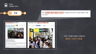 현황
지하철
인원분배 서비스
2
ü  특히 시민들의 불만이 집중되는
출퇴근 시간의 지옥철
 