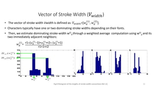 Vector of Stroke Width (𝑉 𝑤𝑖𝑑𝑡ℎ)
• The vector of stroke width Vwidth is defined as: 𝑉 𝑤𝑖𝑑𝑡ℎ=[𝑤 𝑑
(1)
, 𝑤 𝑑
(2)
].
• Characters typically have one or two dominating stroke widths depending on their fonts.
• Then, we estimate dominating stroke-width w(i)
d through a weighted average computation using w(i)
p and its
two immediately adjacent neighbors:
𝑤 𝑑
(𝑖)
= r1×( 𝑤 𝑝
(𝑖)
−1)+ 𝑤 𝑝
(𝑖)
+r2× ( 𝑤 𝑝
(𝑖)
+1)
r1+1+r2
Fig.8 Histogram of the lengths of stroke width connections Ref. (1) 12
 