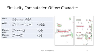 Similarity Computation Of two Character
Fig.11 Link energy Ref.(1) 17
colour 𝑆𝑖,𝑗
(1)
=
1
3 (𝐶=𝑅,𝐺,𝐵)(1 −
|Ci−Cj|
255
)
Vwidth
𝑆𝑖,𝑗
(2)
=
1
2 𝑘=1
𝑘=2
𝑆𝑖𝑚𝑖 𝑅𝑖,𝑗
𝑣
𝑘 , 𝑅𝑖,𝑗
𝑣
=
Vi (k)
Vj (k)
Character
width
𝑆𝑖,𝑗
(3)
= 𝑆𝑖𝑚𝑖 𝑅𝑖,𝑗
𝑤
, 𝑅𝑖,𝑗
𝑤
=
𝑊𝑖
𝑊 𝑗
Character
Height
𝑆𝑖,𝑗
(4)
=Simi(𝑅𝑖,𝑗
(𝐻)
), 𝑅𝑖,𝑗
𝑤
=
𝐻𝑖
𝐻 𝑗
 