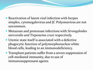  Reactivation of latent viral infection with herpes
simplex, cytomegalovirus and JC Polyomavirus are not
uncommon.
 Metazoan and protozoan infections with Strongyloides
stercoralis and Treponema cruzi respectively.
 Uremic state itself is associated with a defective
phagocytic function of polymorphonuclear white
blood cells, leading to an immunodeficiency.
 Transplant patients suffer from a severe suppression of
cell-mediated immunity, due to use of
immunosuppressant agents.
 