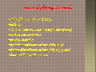 ozone-depleting chemicals
•chlorofluorocarbons (CFCs);
•halons;
•1,1,1-trichloroethane (methyl chloroform);
•carbon tetrachloride;
•methyl bromide;
•hydrobromofluorocarbons (HBFCs);
•hydrochlorofluorocarbons (HCFCs); and
•bromochloromethane (BCM
 