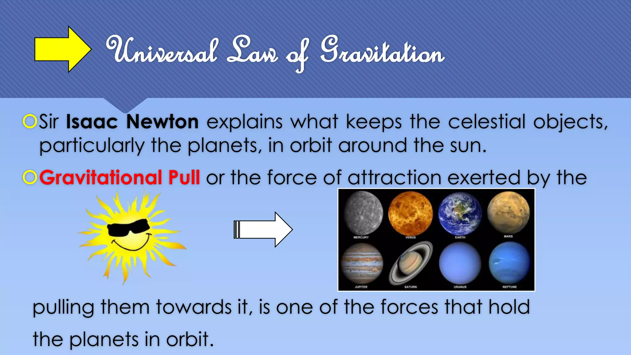 Universal Law of Gravitation
Sir Isaac Newton explains what keeps the celestial objects,
particularly the planets, in orbit around the sun.
Gravitational Pull or the force of attraction exerted by the
pulling them towards it, is one of the forces that hold
the planets in orbit.
 