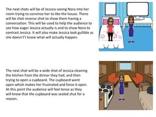 The next shots will be of Jessica seeing Nora into her
room trying to convince her to like the house. There
will be shot reverse shot to show them having a
conversation. This will be used to help the audience to
see how eager Jessica actually is and to show Nora to
contrast Jessica. It will also make Jessica look gullible as
she doesn't’t know what will actually happen.
The next shot will be a wide shot of Jessica cleaning
the kitchen from the dinner they had, and then
trying to open a cupboard. The cupboard wont
open which makes her frustrated and force it open.
At this point the audience will feel tense as they
will know that the cupboard was sealed shut for a
reason.
 