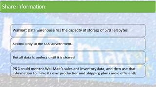 Share information:
Walmart Data warehouse has the capacity of storage of 570 Terabytes
Second only to the U.S Government.
But all data is useless until it is shared
P&G could monitor Wal-Mart’s sales and inventory data, and then use that
information to make its own production and shipping plans more efficiently
 
