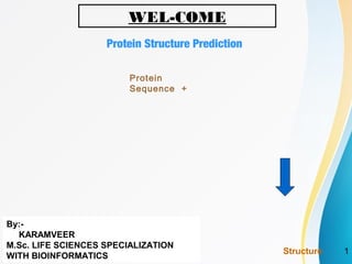 Protein Structure Prediction
Protein
Sequence +
Structure
By:-
KARAMVEER
M.Sc. LIFE SCIENCES SPECIALIZATION
WITH BIOINFORMATICS
WEL-COME
1
 